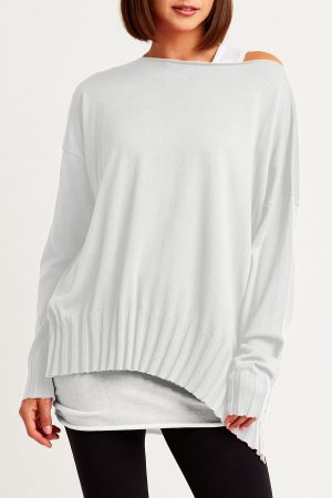 White Pima Cotton Ribbed Boatneck Sweater