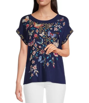 Mariposa Tee in Navy with Embroidery